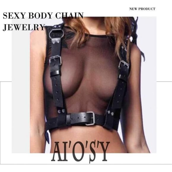 Salliy Punk Waist Chain Black Leather Body Chain Harness Belly Belt Chains